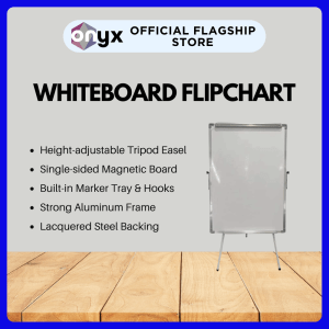 Whiteboard Flipchart with Height-adjustable Tripod Easel. Single-sided Magnetic Whiteboard with Built-in Marker Tray & Hooks. Strong Aluminum Frame and Lacquered Steel Backing.